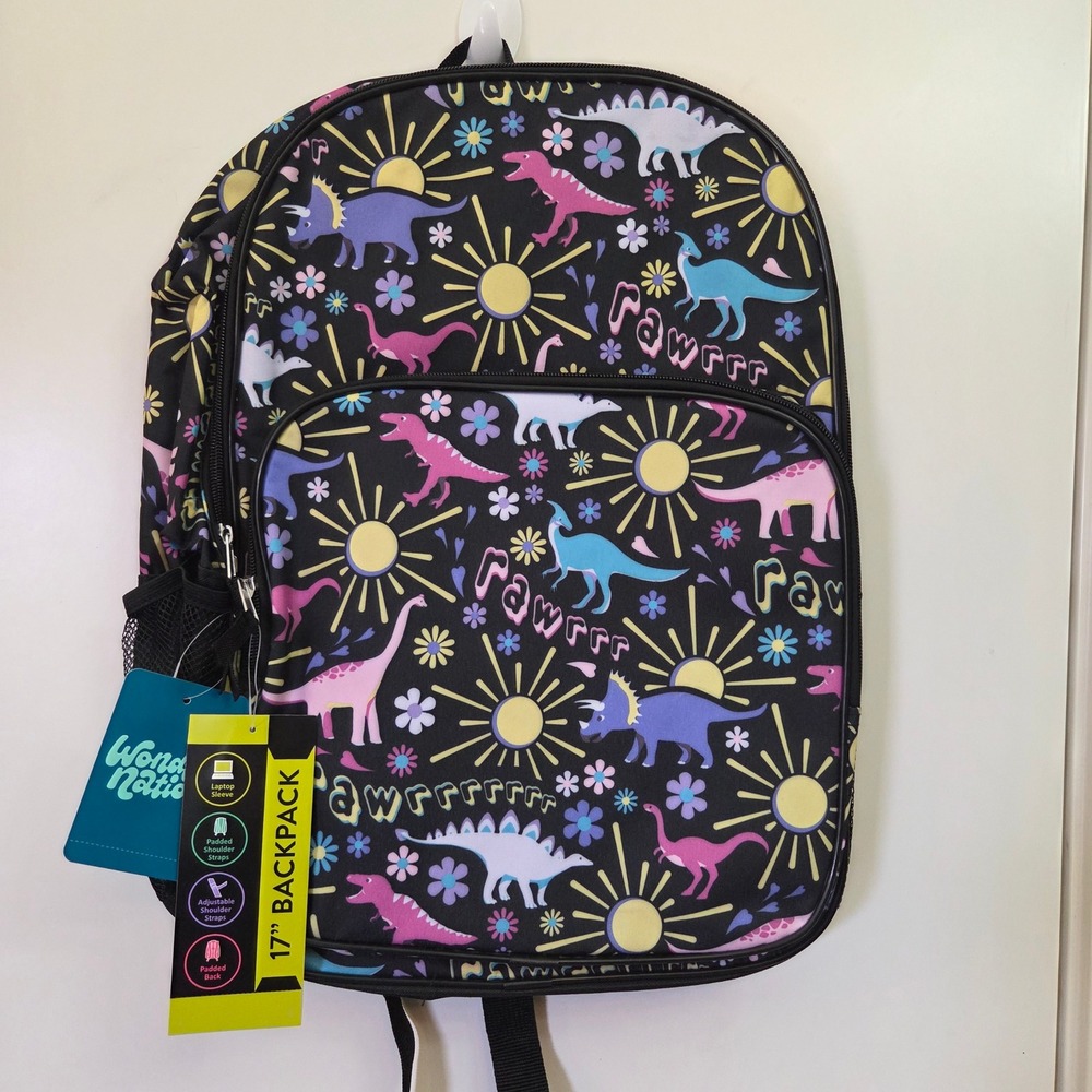 Wonder Nation Kids 17 Inch Dinosaur Print Backpack Laptop Sleeve Padded Black